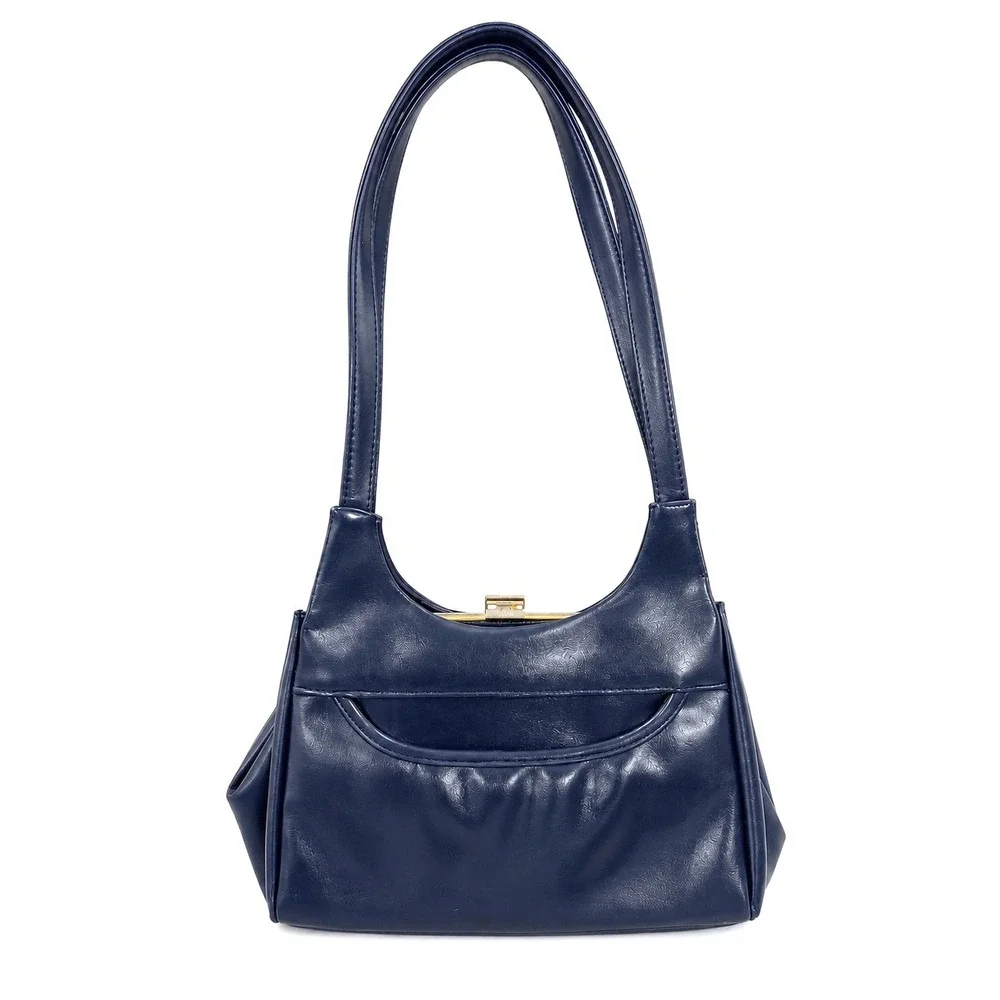 Vintage Navy Blue Faux Leather Shoulder Bag Gold Tone Minimalist